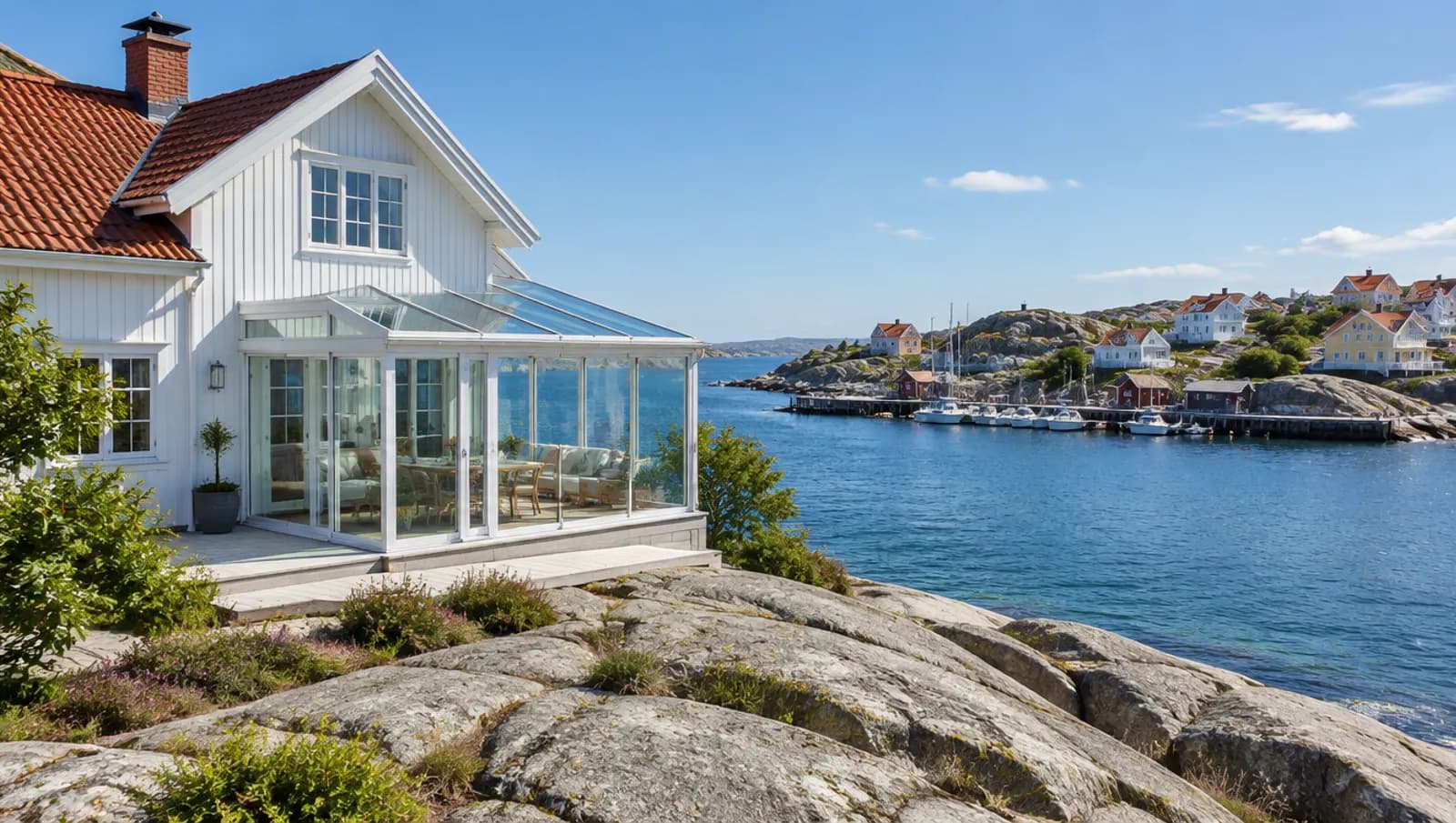 Vit trävilla på granitklippor vid västkusten med ett nytt uterum i glas mot havet och en liten hamn i bakgrunden