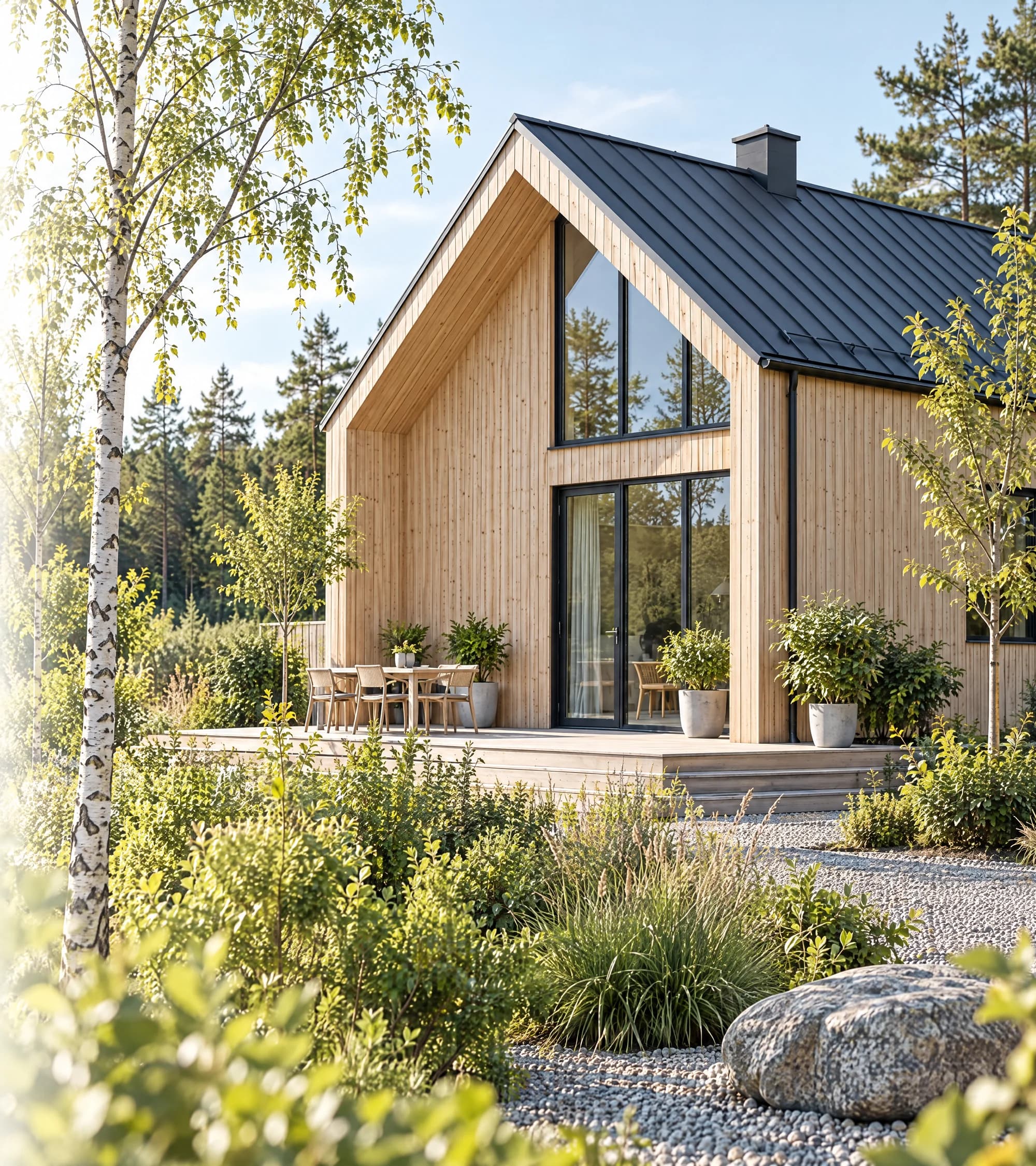 Modernt trähus med sadeltak, stora fönster och altan i en grönskande trädgård
