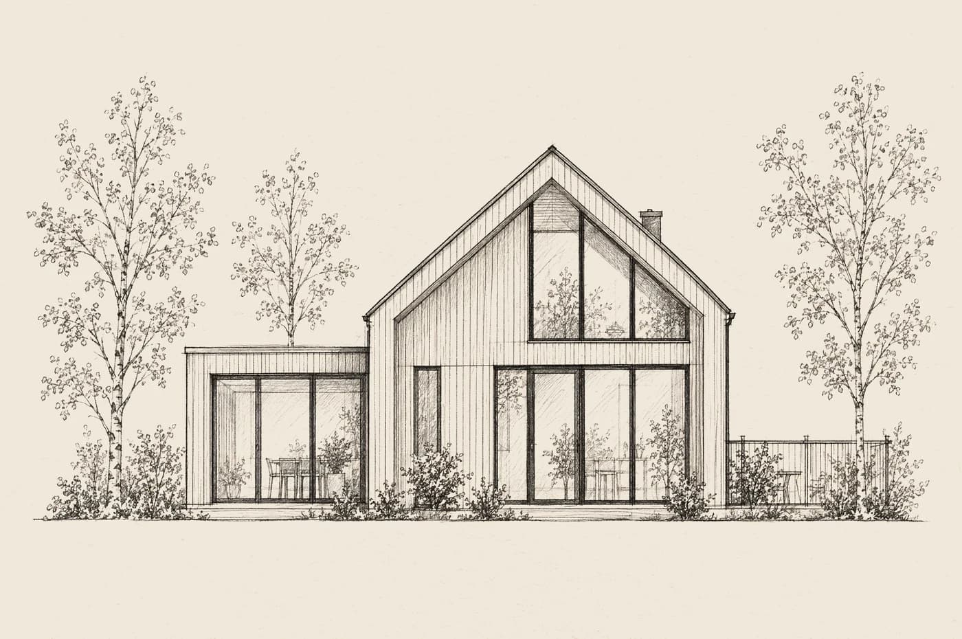 Handritad fasadskiss av ett hus med sadeltak och stora fönster