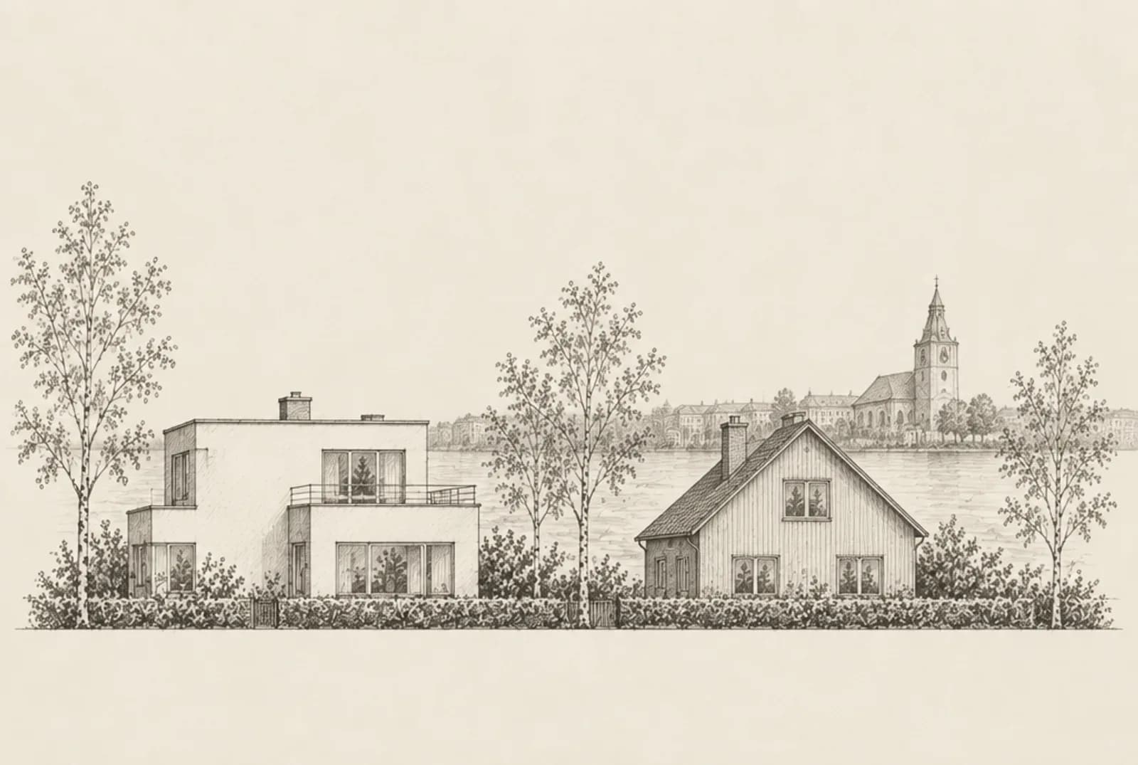 Blyertsskiss av två villor i Borås med Viskan och Caroli kyrka i bakgrunden