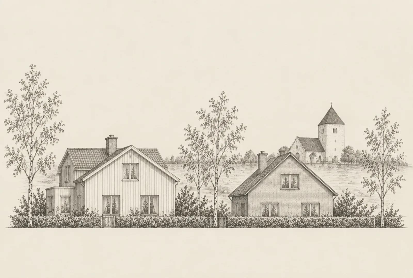 Blyertsskiss av två villor i Botkyrka med Botkyrka kyrka på en höjd i bakgrunden