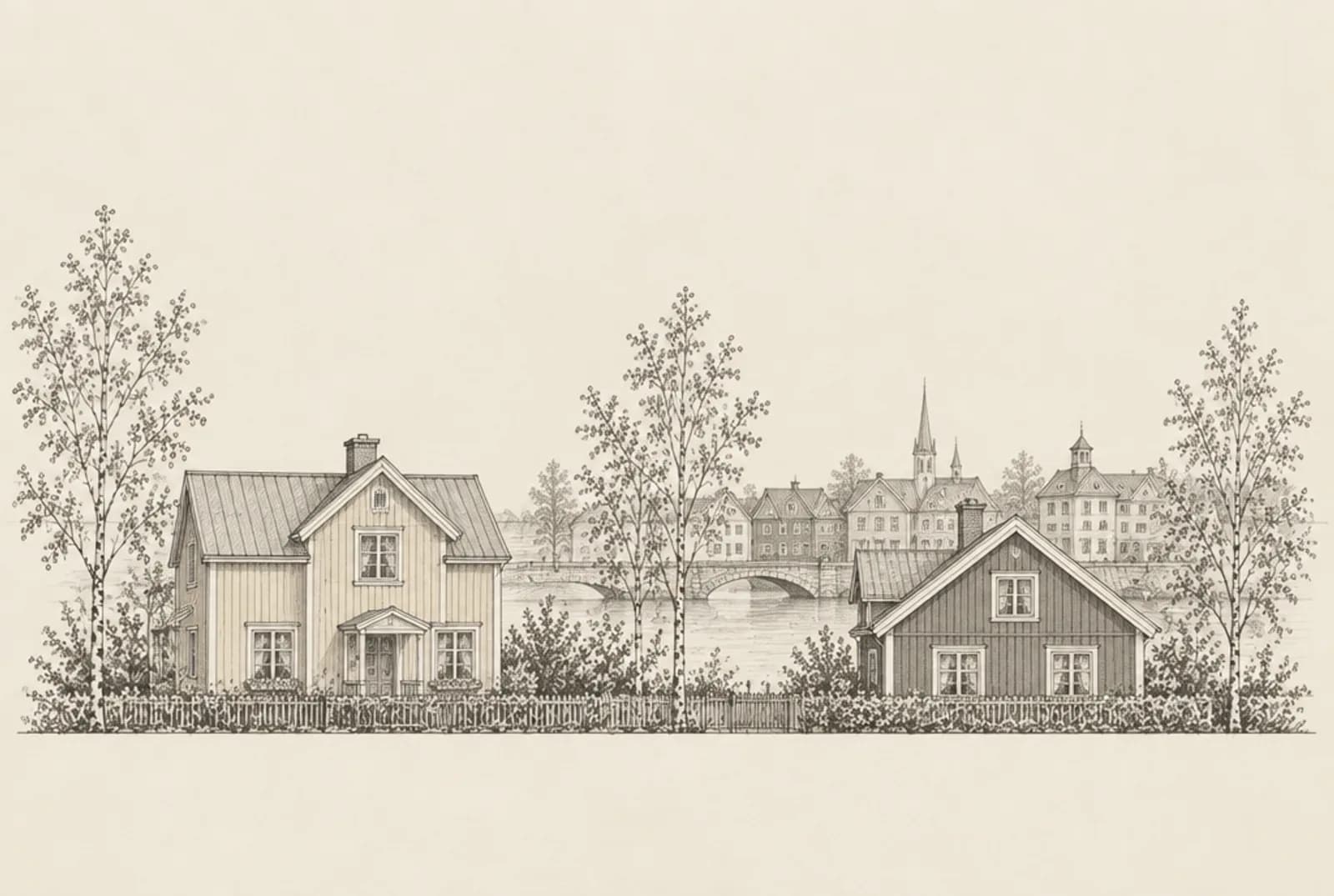 Blyertsskiss av två trävillor i Gävle med gamla trähus och Gavleån i bakgrunden