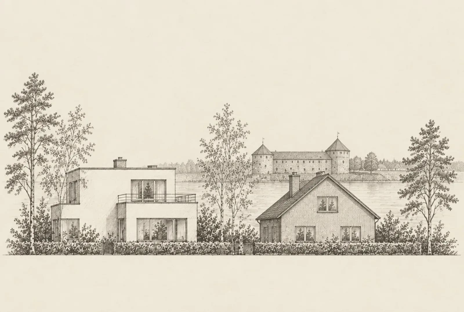 Blyertsskiss av två villor i Halmstad med Halmstads slott vid Nissan i bakgrunden