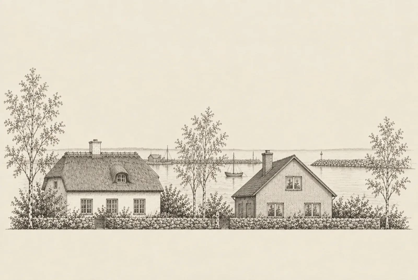 Blyertsskiss av ett vitkalkat hus med halmtak och en villa vid en liten fiskehamn i Kävlinge kommun