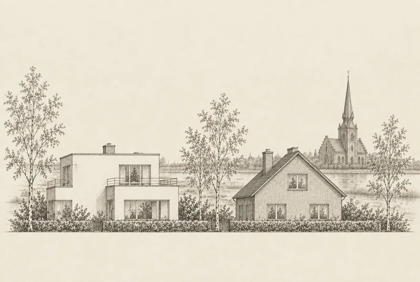 Blyertsskiss av två villor i Kristianstad med Heliga Trefaldighets kyrka och våtmarker i bakgrunden