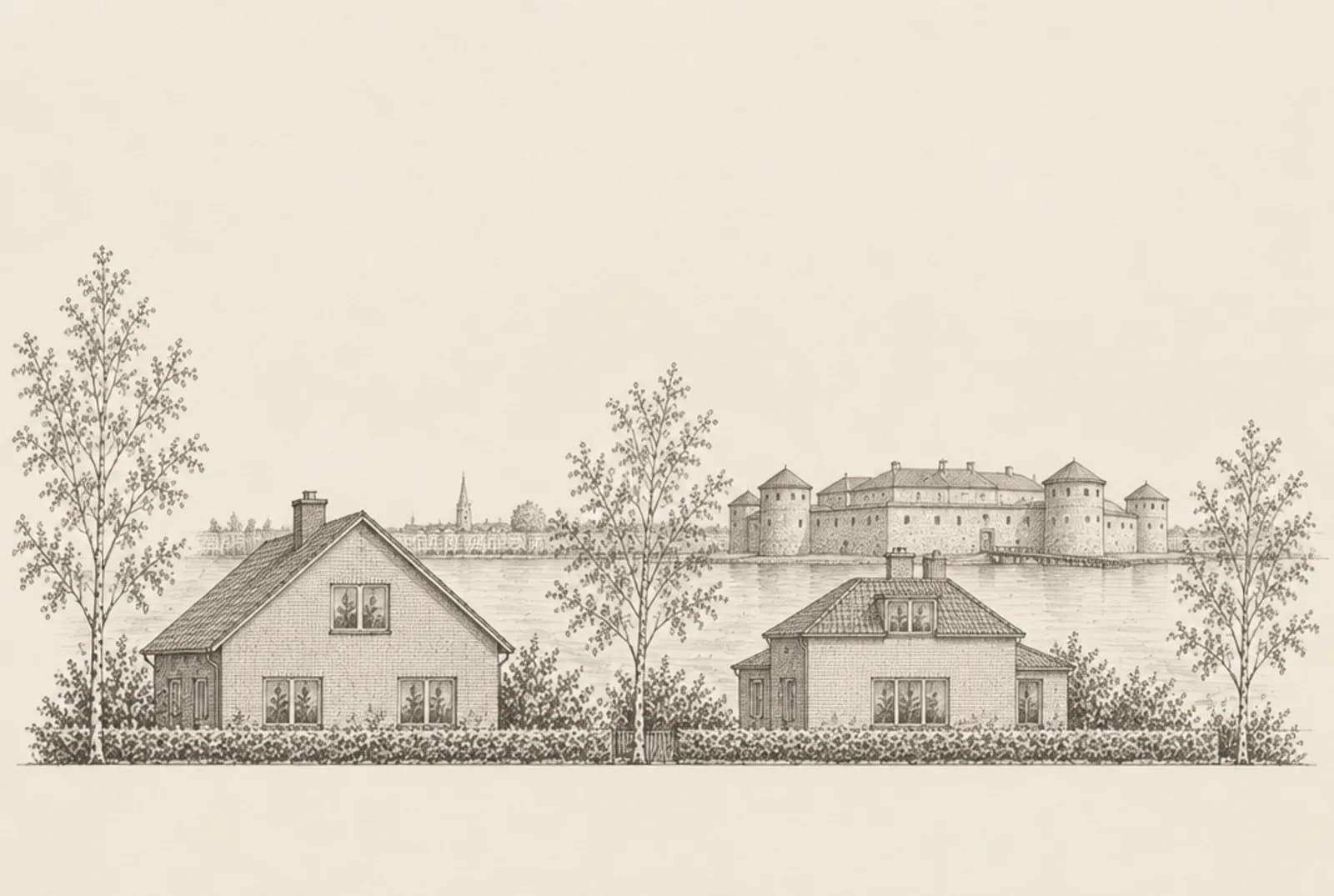 Blyertsskiss av två villor i Landskrona med Citadellet i bakgrunden