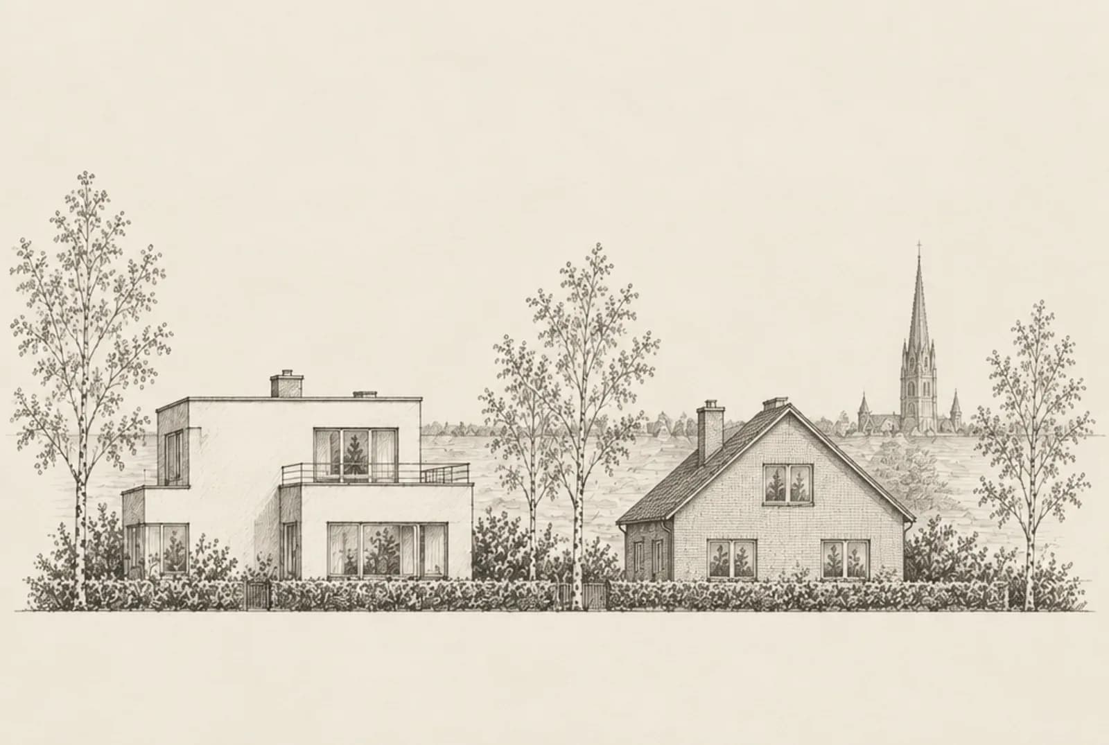 Blyertsskiss av två villor i Linköping med domkyrkans spira i bakgrunden