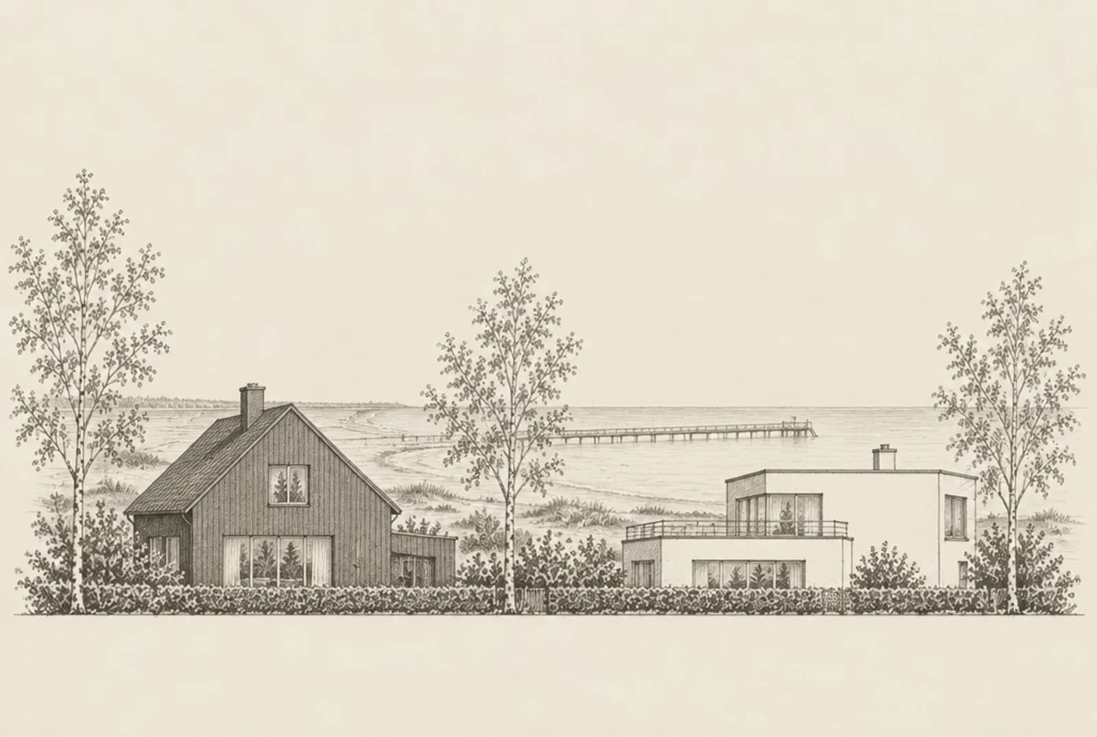 Blyertsskiss av två moderna villor vid stranden i Lomma med en badbrygga