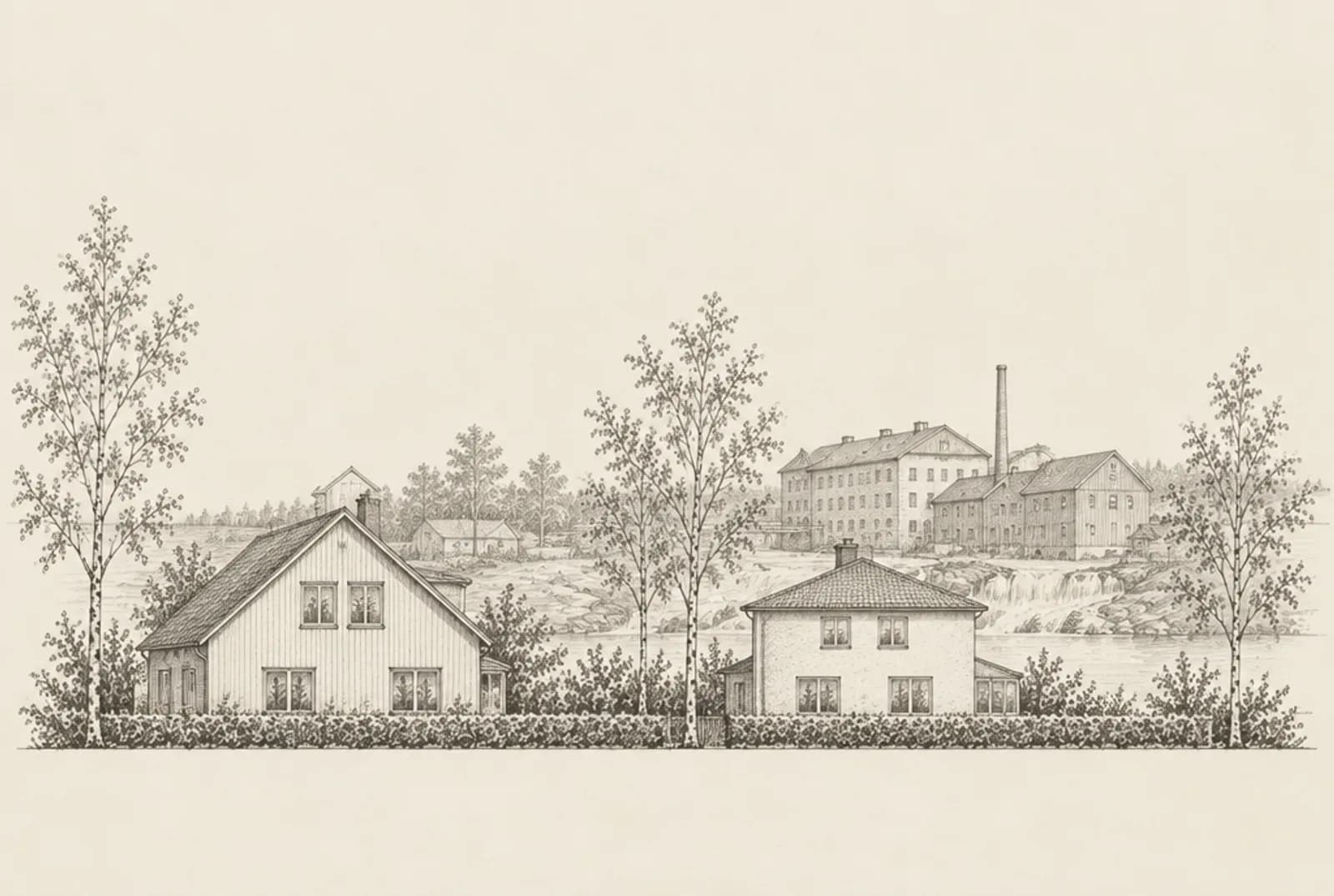 Blyertsskiss av två villor i Mölndal med de gamla kvarnhusen i Kvarnbyn i bakgrunden