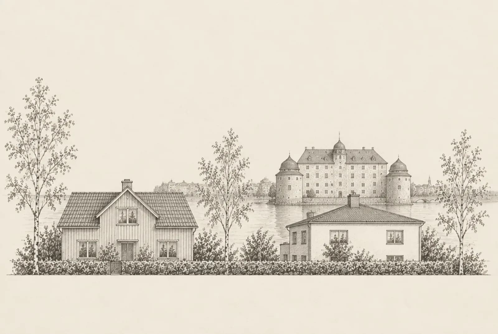 Blyertsskiss av två villor i Örebro med Örebro slott vid Svartån i bakgrunden