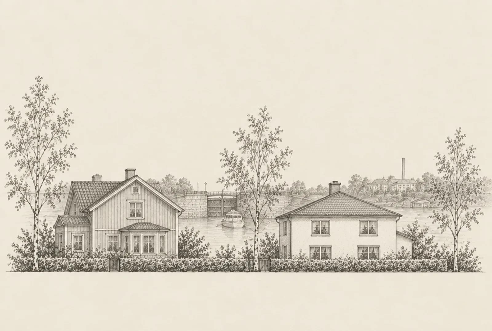 Blyertsskiss av två villor i Södertälje med kanalen och slussen i bakgrunden