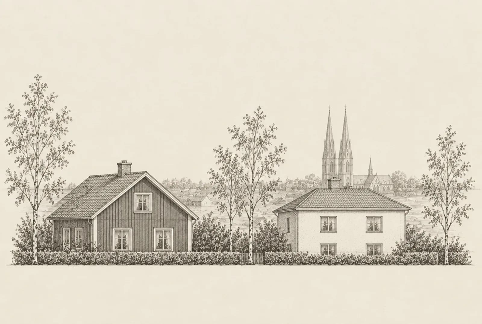 Blyertsskiss av två villor i Uppsala med domkyrkans spiror i bakgrunden