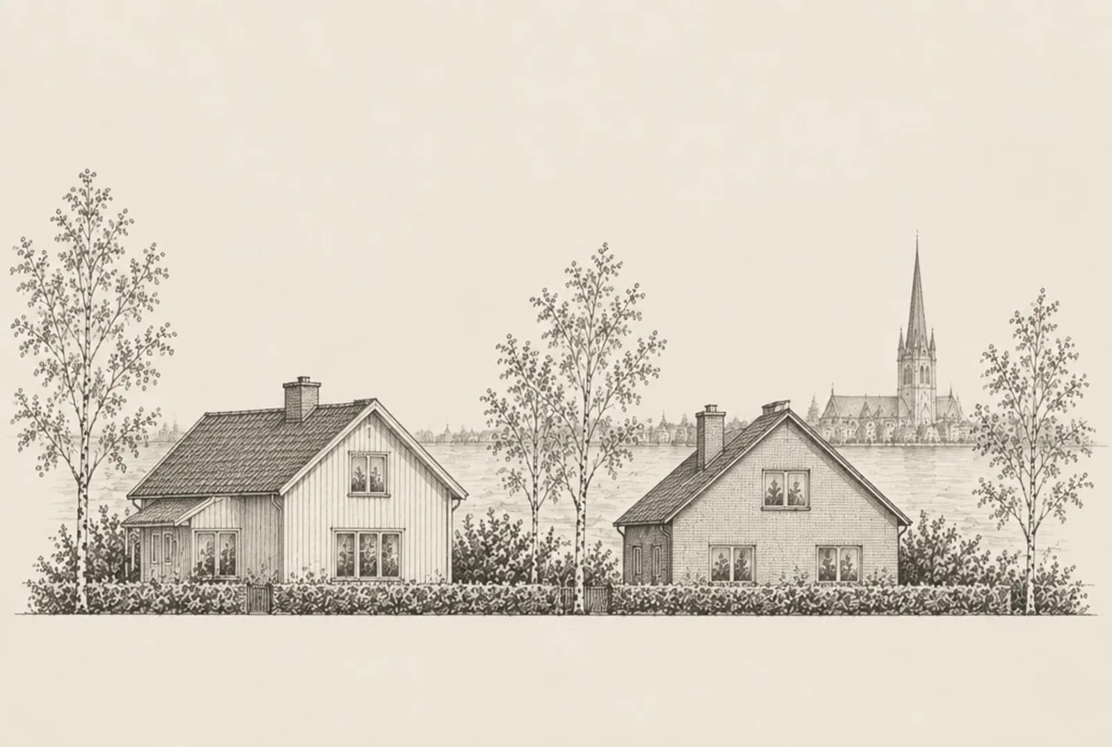 Blyertsskiss av två villor i Västerås med domkyrkans torn i bakgrunden