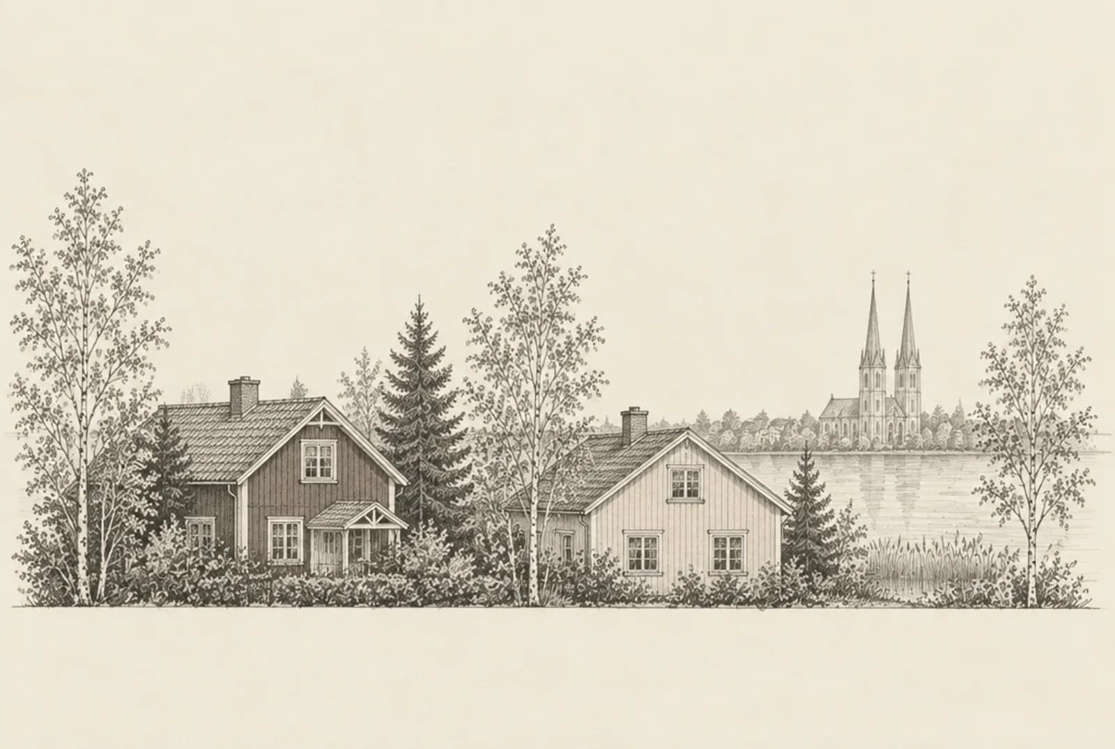 Blyertsskiss av två trähus i Växjö med domkyrkans två spiror och en sjö i bakgrunden
