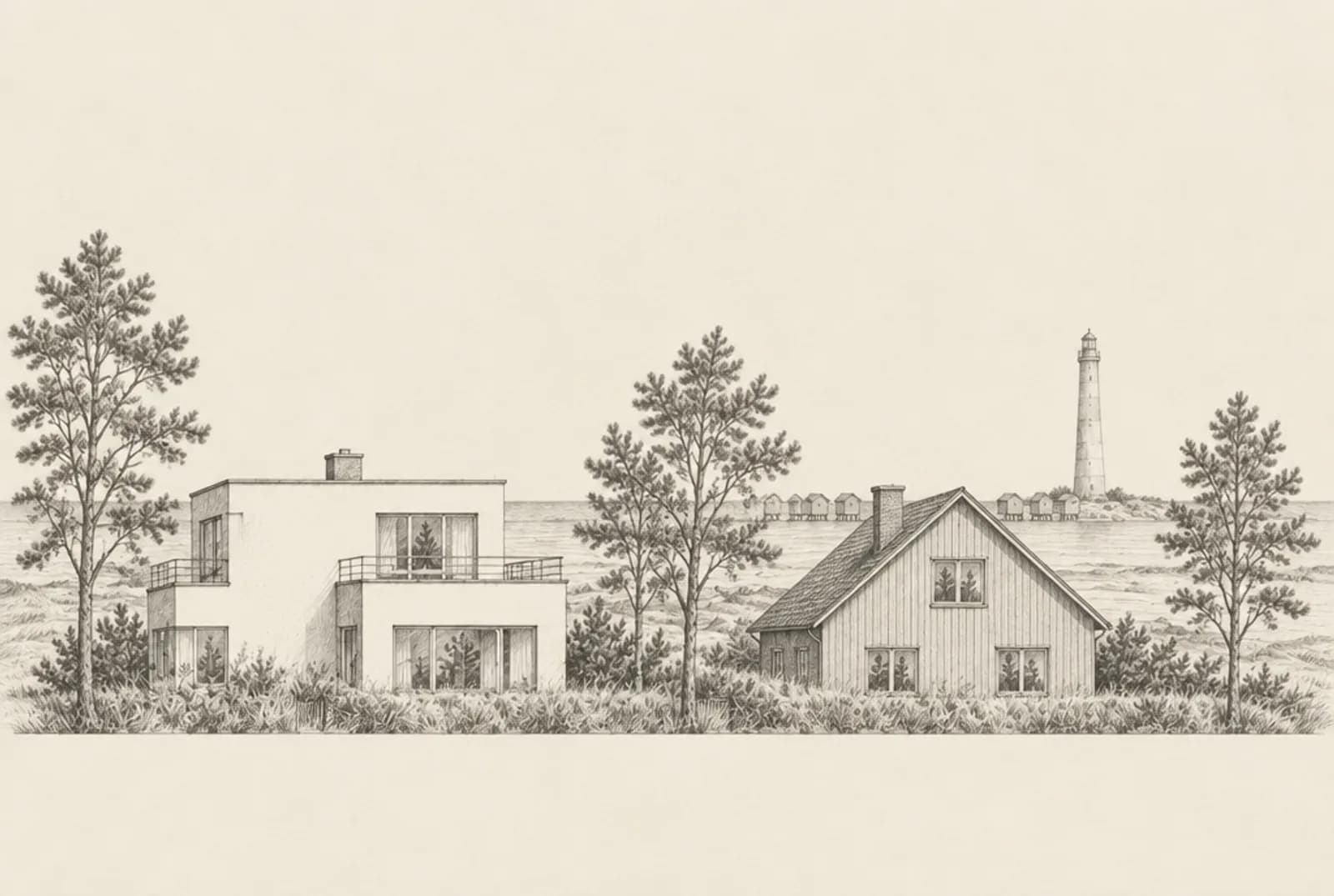 Blyertsskiss av två hus bland tallar vid kusten med badhytter och Falsterbo fyr i bakgrunden