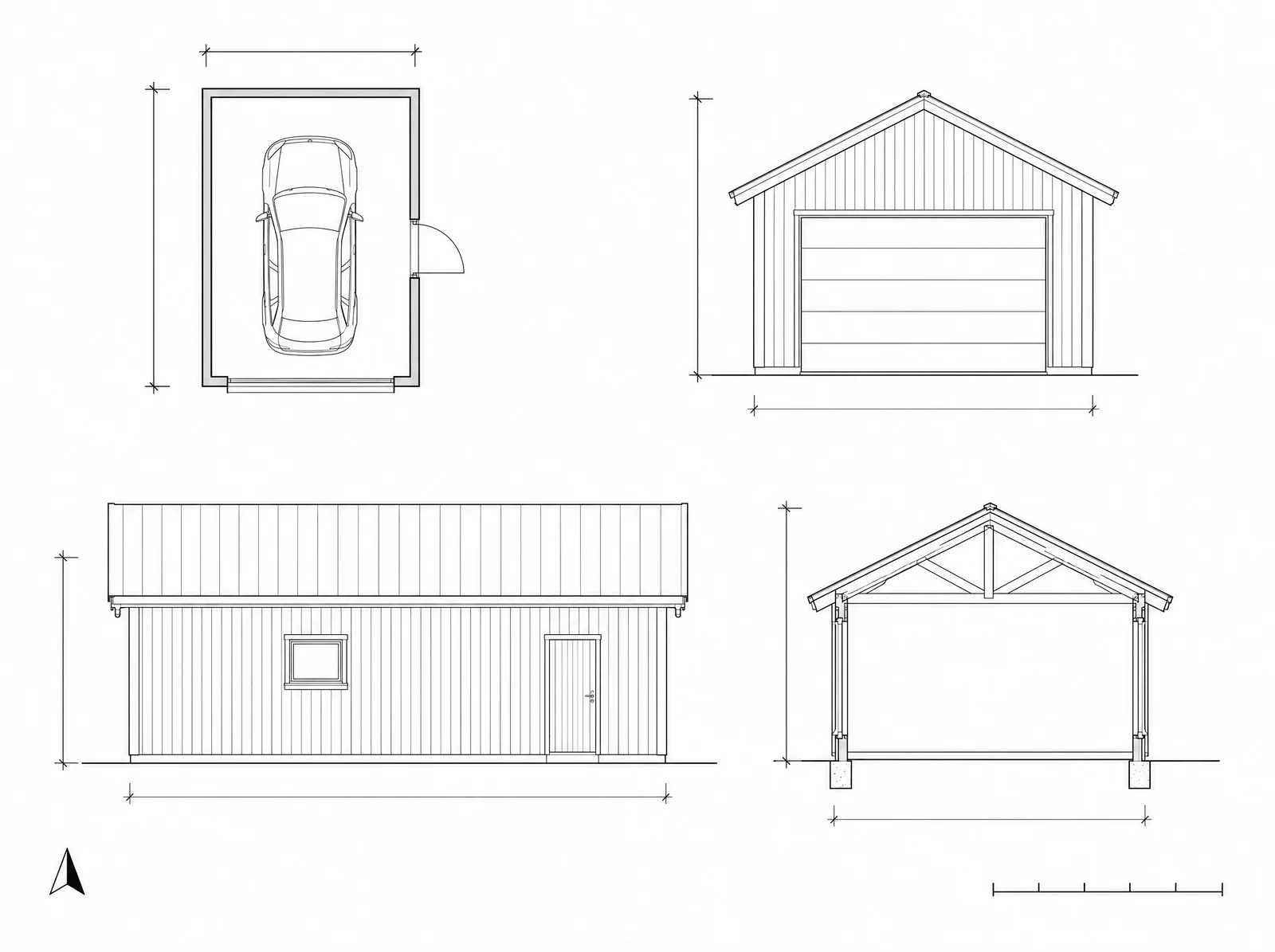 Exempel på fasadritning och planritning av ett fristående garage med sadeltak