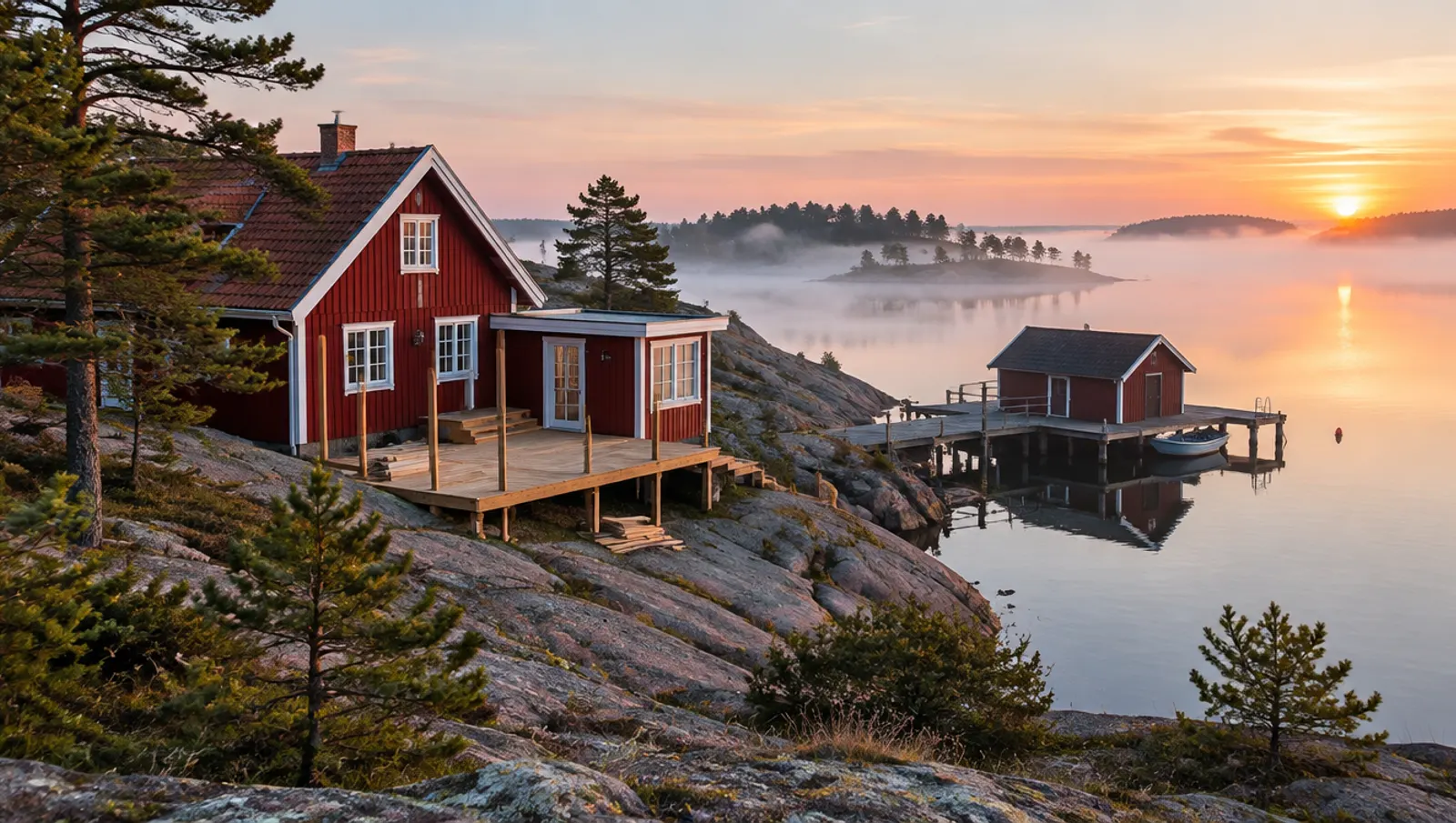 Rött sommarhus på granithällar i Stockholms skärgård med en ny träterrass mot vattnet och en sjöbod vid bryggan i gryningen