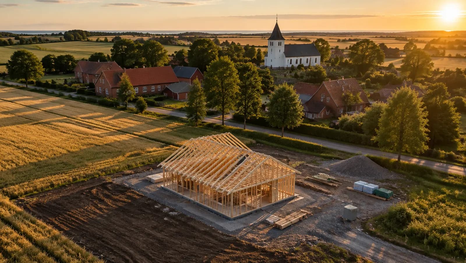 Flygbild över en skånsk by i kvällsljus med tegelgårdar, en vit kyrka och ett nytt hus med synlig takstol under uppförande