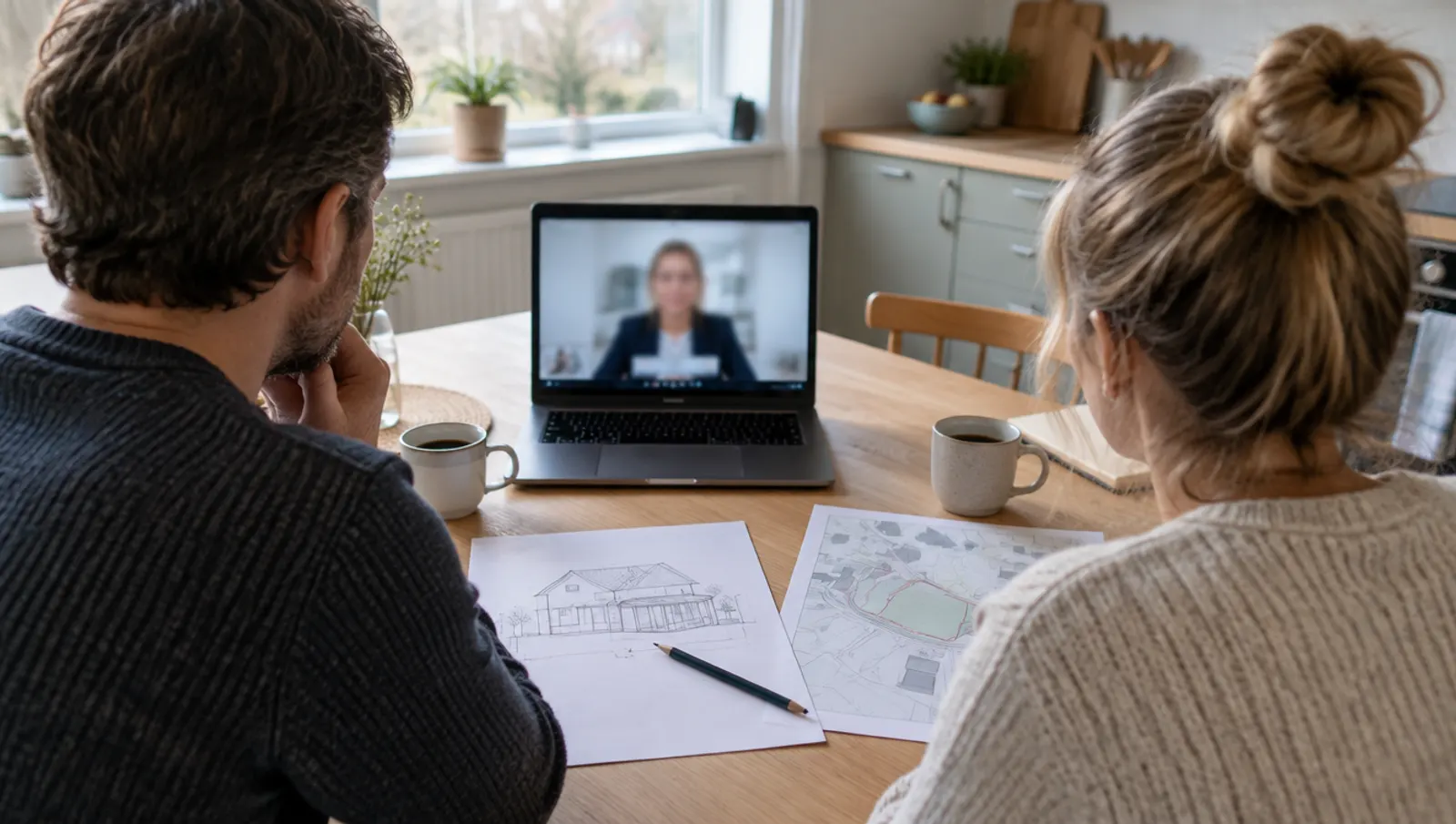 Ett par vid köksbordet i ett videosamtal med kommunen, med en skiss på en tillbyggnad och en fastighetskarta på bordet