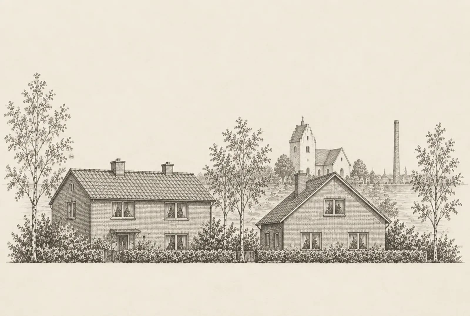 Blyertsskiss av två tegelhus i Burlöv med en vitkalkad kyrka och en fabriksskorsten i bakgrunden