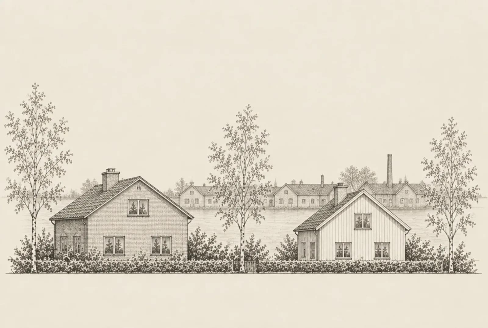 Blyertsskiss av två villor i Eskilstuna med gamla smedjor vid Eskilstunaån i bakgrunden