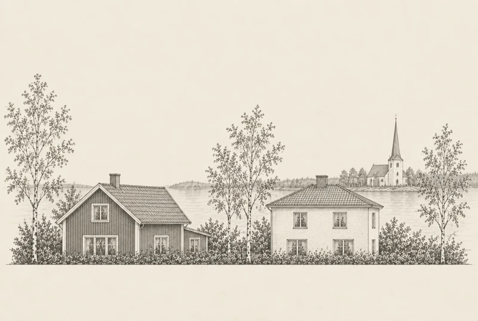 Blyertsskiss av två villor i Huddinge med en vitkalkad kyrka och en sjö i bakgrunden