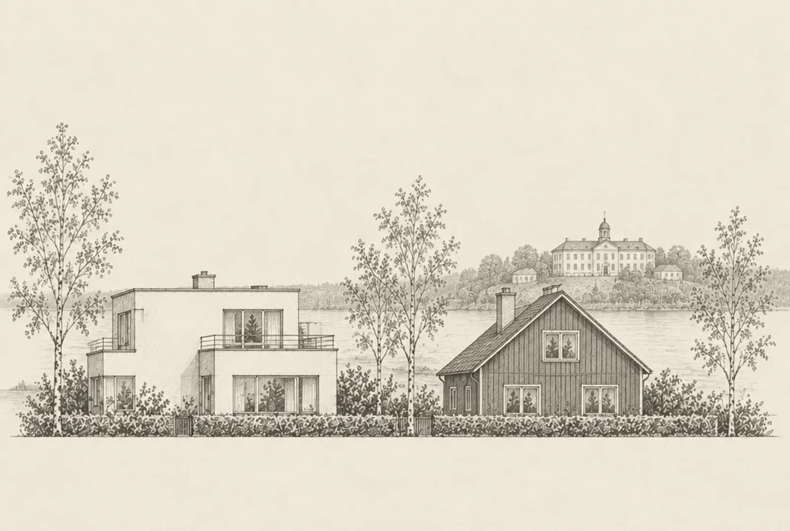 Blyertsskiss av två villor i Järfälla med Mälaren och Görvälns slott i bakgrunden