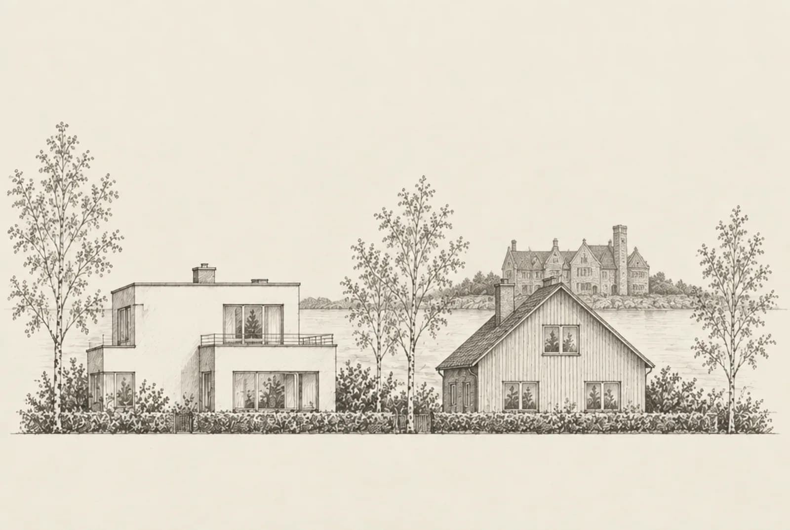 Blyertsskiss av två villor i Kungsbacka med Tjolöholms slott i bakgrunden