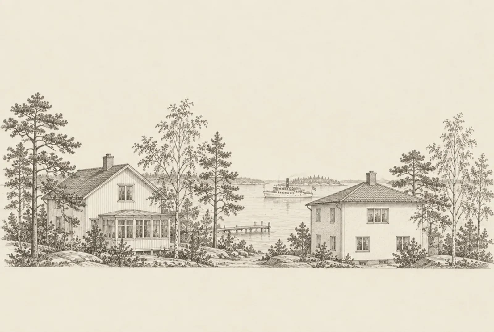 Blyertsskiss av två villor bland tallar i Nacka med Saltsjön och en skärgårdsbåt i bakgrunden