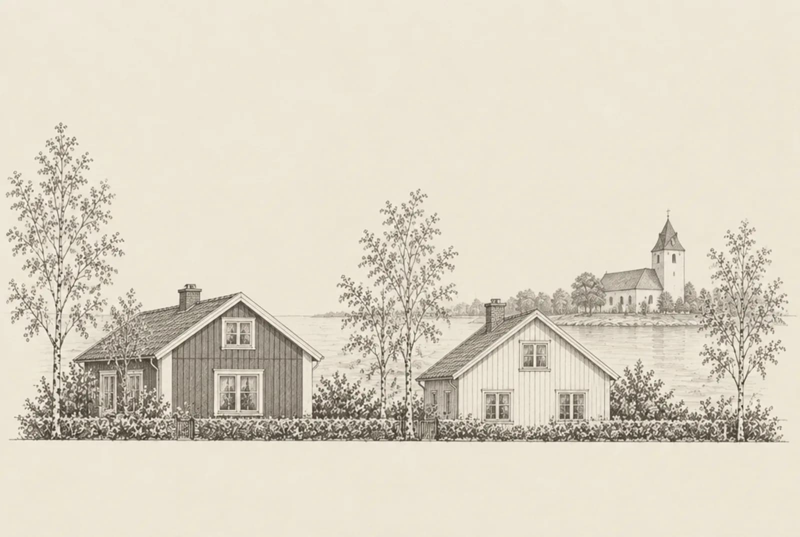 Blyertsskiss av två villor i Österåker med en vit kyrka vid vattnet i bakgrunden