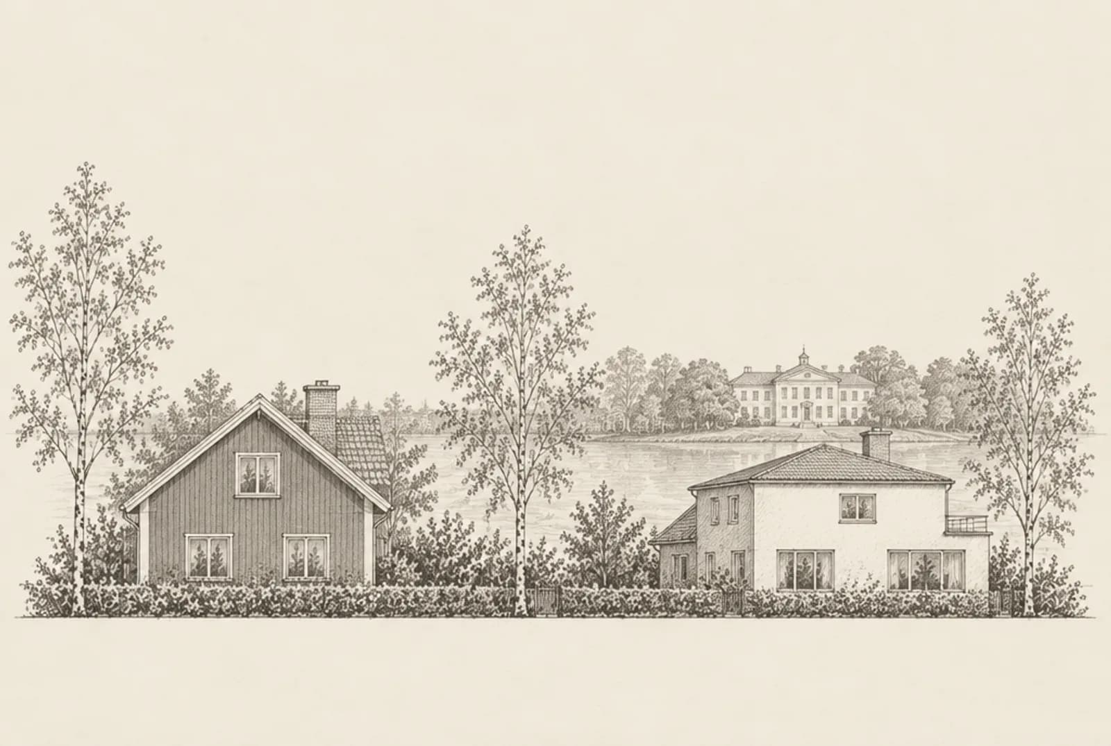 Blyertsskiss av två villor i Partille med Jonsereds herrgård vid sjön i bakgrunden