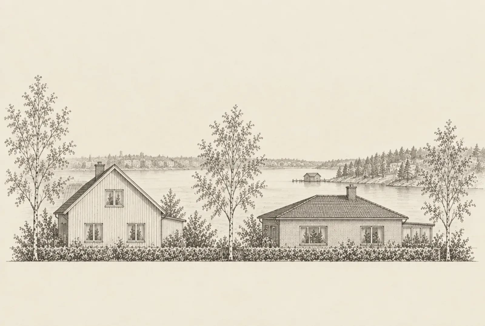 Blyertsskiss av två villor i Sollentuna med Edsviken och ett båthus i bakgrunden