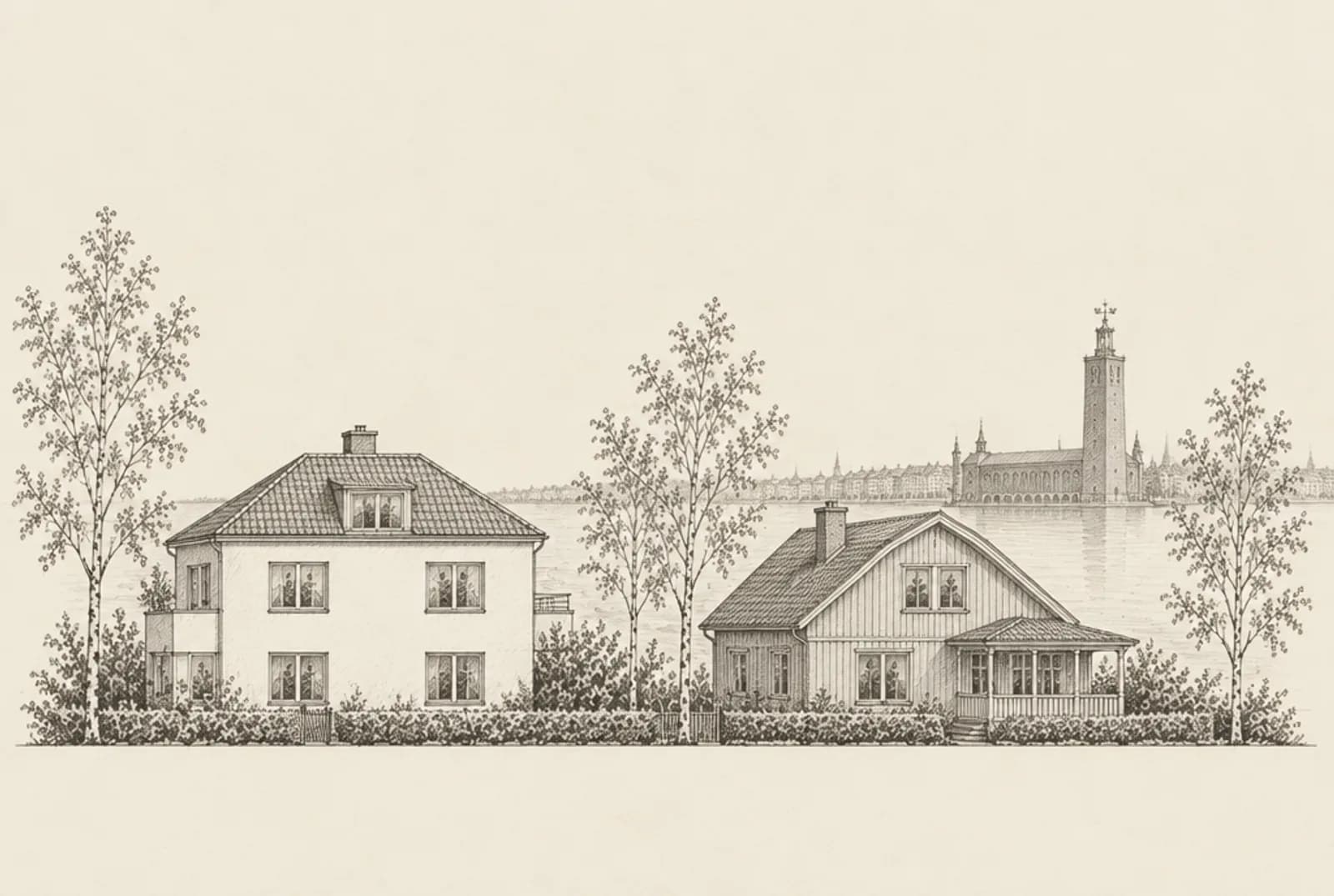 Blyertsskiss av två villor i Stockholm med Stadshuset vid vattnet i bakgrunden