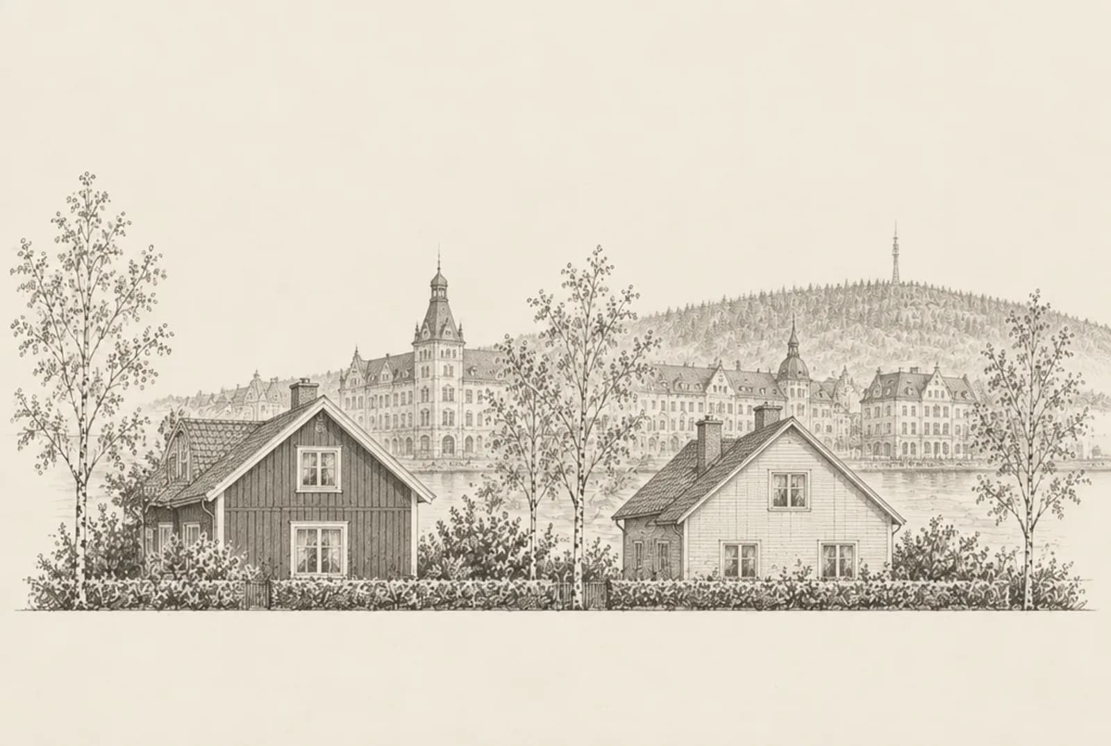 Blyertsskiss av två trähus i Sundsvall med stenhusen i Stenstaden i bakgrunden