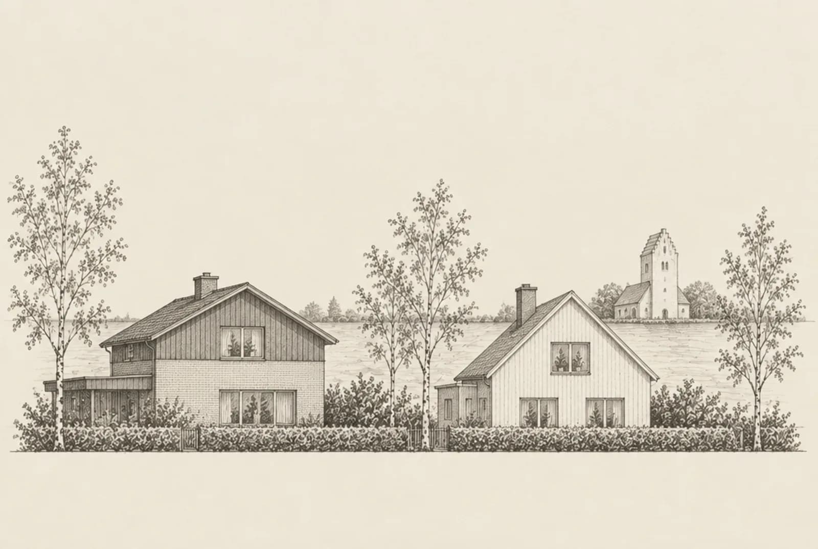Blyertsskiss av två villor i Täby med Täby kyrka i bakgrunden