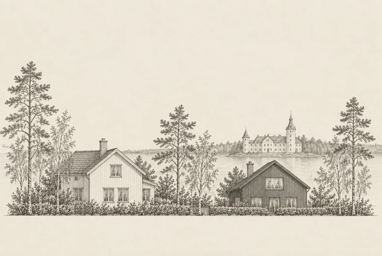 Blyertsskiss av två villor bland tallar i Tyresö med Tyresö slott i bakgrunden
