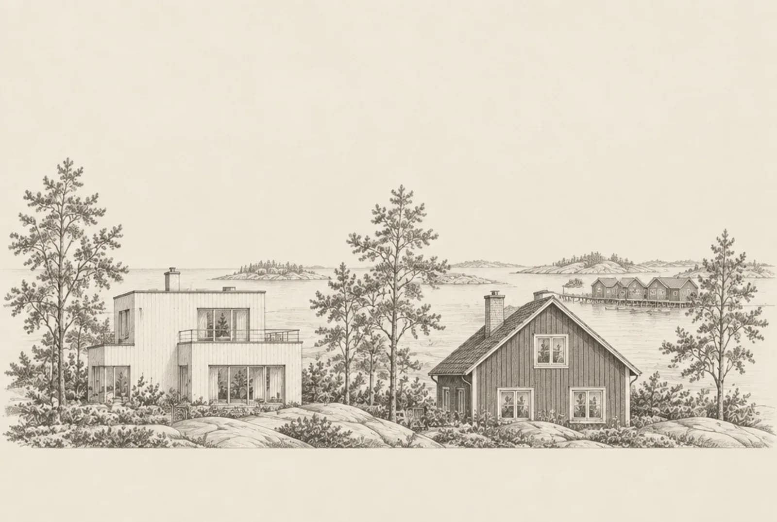Blyertsskiss av två hus på klipporna i Värmdö skärgård med röda sjöbodar i bakgrunden